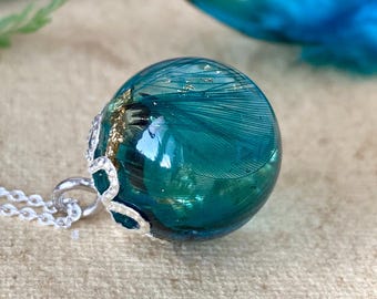 Peacock Feather Necklace: Resin Pendant with Gold Leaf on Sterling Silver