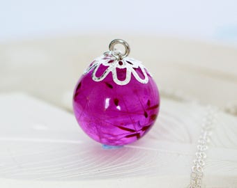 Dandelion Necklace, Make a Wish, Purple Necklace, Nature Jewelry, Resin Necklace, Wishesonthewind, Gift for Her, Sphere Necklace