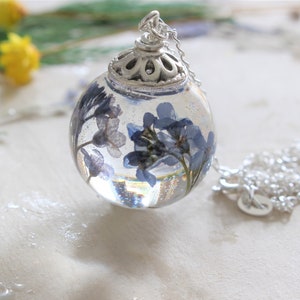 Real Flower Resin Sphere Necklace, Forget Me Not Pendant on Silver Chain, Gift for Mum
