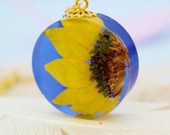 Sunflower Necklace, Real Flower Necklace, Yellow Flower, Sunflower Jewelry, Summer Pendant, Pressed Flower, Christmas Gift, Wishesonthewind