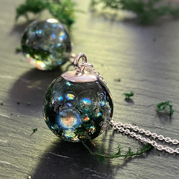Fairy Resin Bubble Necklace with Real Moss, Botanical Nature Jewellery Gift