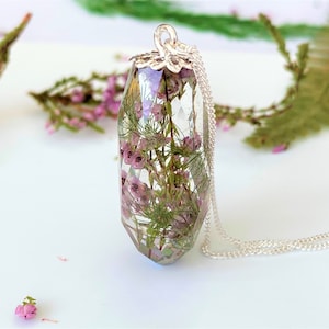 Heather Necklace, Real Flower Necklace, Crystal Necklace, Terrarium Pendant, Botanical Jewelry