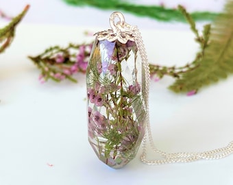 Heather Necklace, Real Flower Necklace, Crystal Necklace, Terrarium Pendant, Botanical Jewelry