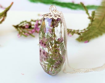 Scottish Heather Necklace, Real Flower Terrarium Pendant, Sterling Silver