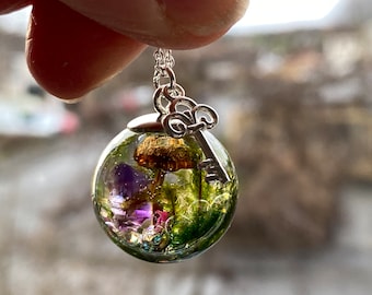 Enchanting Resin Sphere Necklace with Real Mushroom, Amethyst Crystal, Mum-shroom, Sterling Silver Key, Toadstool Pendant, Nature Inspired