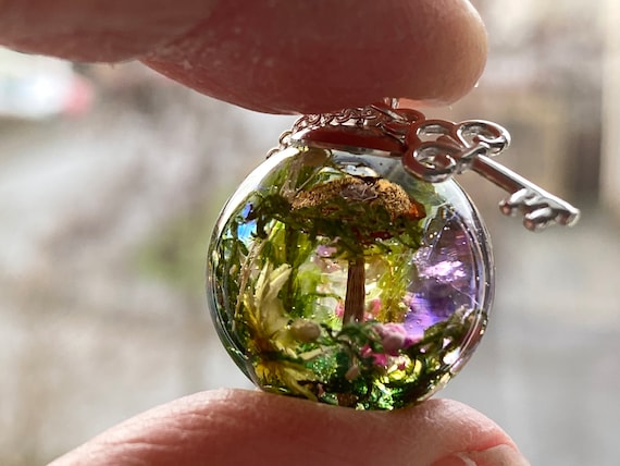 Real Mushroom Necklace, Magic Forest Terrarium Necklace, Woodland Resin Jewellery, Botanical Gift for Her