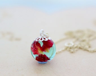 Rose Petals Necklace, Aqua Drop Necklace, Botanical Necklace, Dainty Resin Necklace, June Birth Flower, Gift for Her