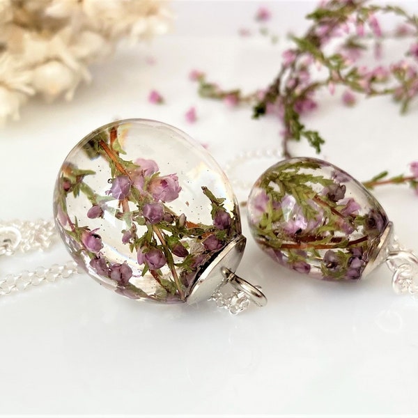 Collier bruyère écossaise, inspiré de la nature, collier de vraies fleurs, cadeau pour elle, bijoux nature, pendentif botanique