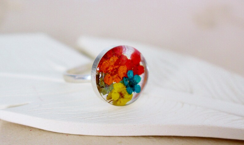 Real Flower Ring, Sterling Silver Rainbow Flower Ring, Gift for Daughter, Teenage Girl Gift, Wishesonthewind, Flower Jewellery image 1