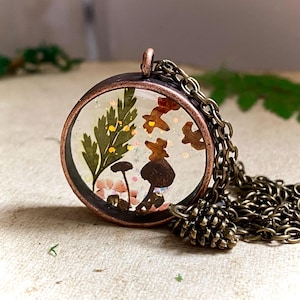 Mushroom Necklace: Autumn Leaves with Garnet, Woodland Pinecone Charm