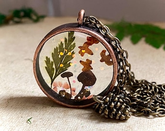 Mushroom Necklace: Autumn Leaves with Garnet, Woodland Pinecone Charm