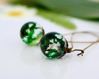 Forest Moss Drop Earrings: Eco Resin, Bronze Earwires