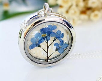Vergissmeinnicht Medaillon, gepresste Blume Silber Anhänger, Erinnerung Geschenk