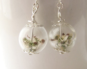 Lucky White Heather Earrings - Real Flower - Bridal Wedding Bridesmaid, Gift for Her, Boho Wedding, Inspirational