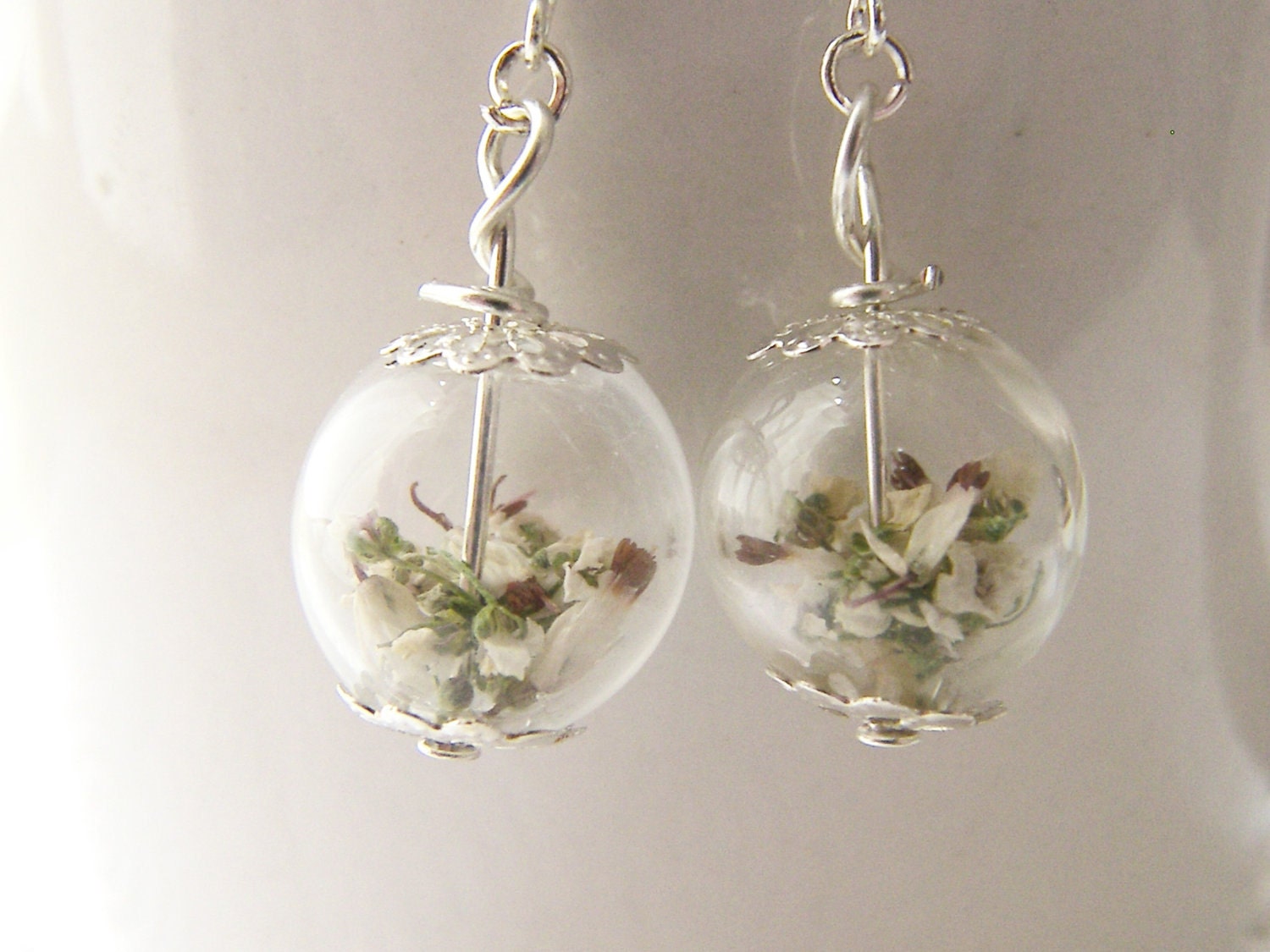 White Heather Earrings, Lucky Wedding Earrings, Glass Globe Dangle Earrings, Bride Gift, Real Flower Jewellery, Good Luck Charm