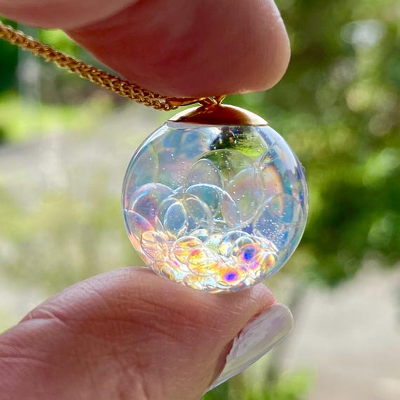 Gold Fairy Bubble Necklace – Rainbow Orb Pendant, Magical Resin