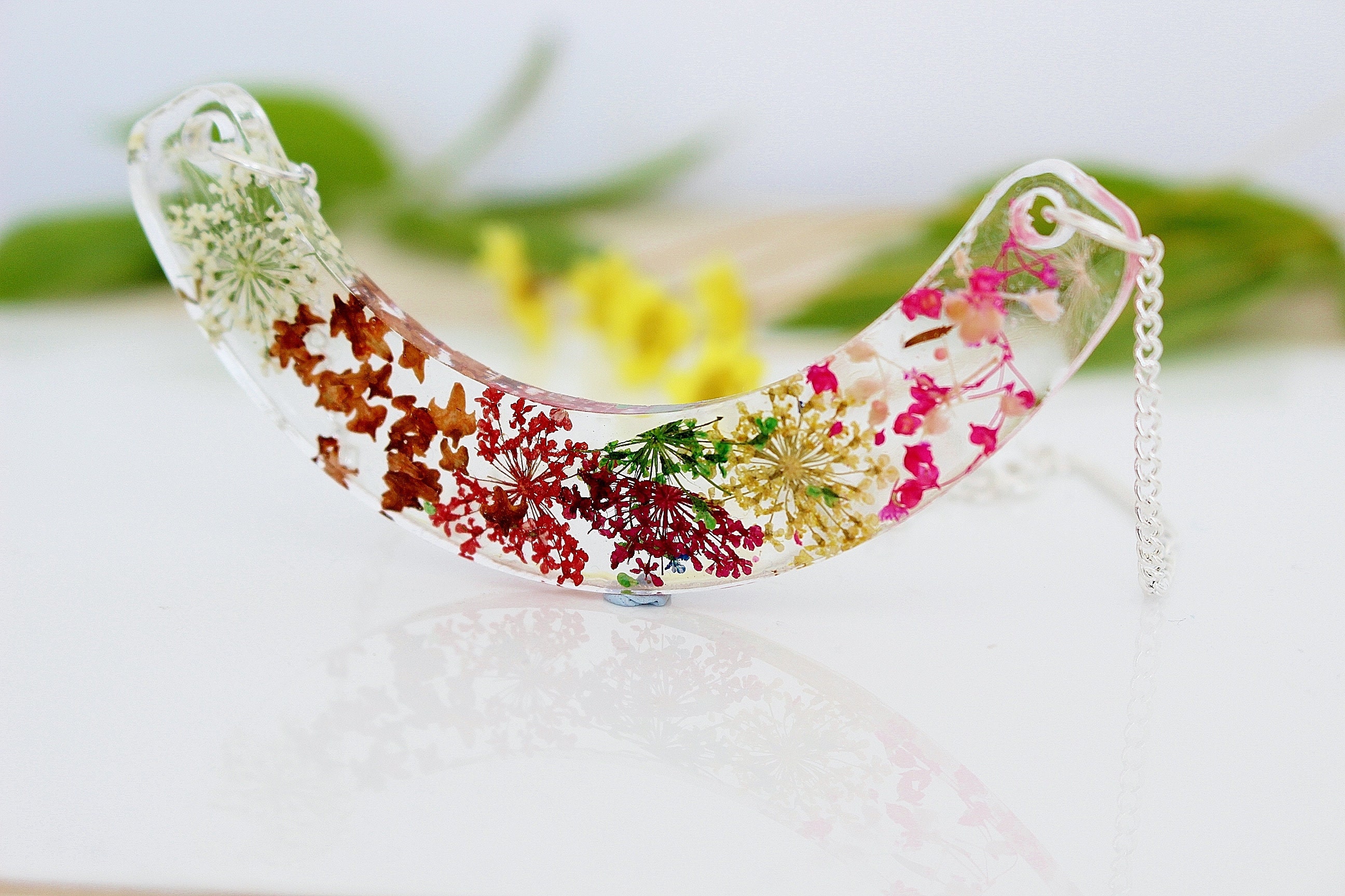 Four Seasons Necklace, Pressed Flower, Flower Bib Resin Real Jewelry, Gift For Her, Botanical Pendant