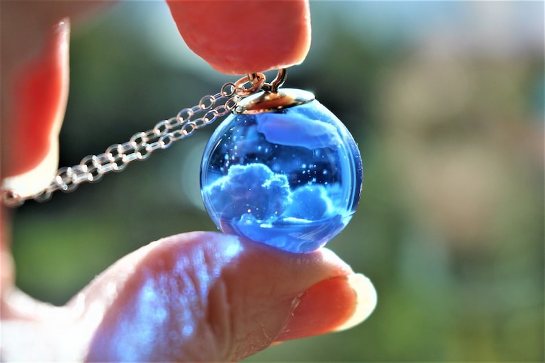 Blue Sky Cloud Resin Necklace, Fluffy White Clouds, Nature Gift for Her, Jewellery for Women, Valentines Gift image 1