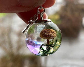 Mushroom Resin Necklace: Amethyst, Moss & Sterling Silver Chain