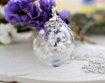 Real Flower Necklace, Hand Blown Glass Orb,  Globe Necklace, White Baby's Breath, Flower Jewelry, Bridesmaids Gifts, Gift for Her