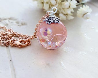 Rose Gold Fairy Necklace – Shimmering Bubble Orb – Magical Resin Pendant – Fairycore Jewellery – Whimsical Gift for Her