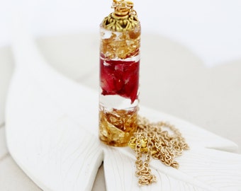 Rose Petal Cylinder Neckace, Gold Flake Resin Pendant, Eco Resin, Gift for Women, Nature Necklace, June Birth Flower
