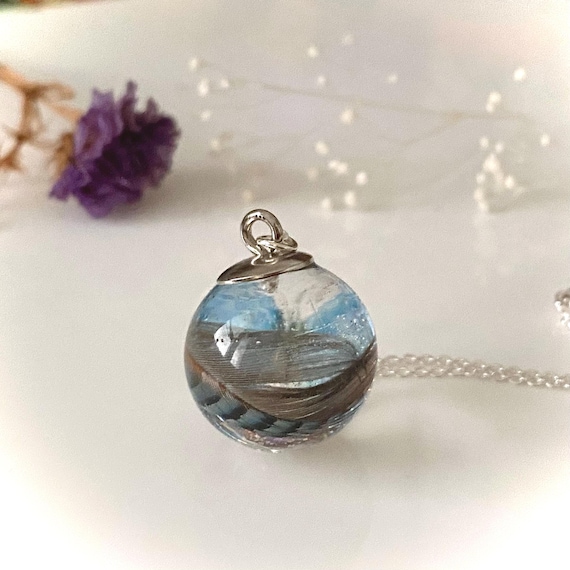 Blue Butterfly Feather Necklace: Real Blue Jay Keepsake Orb, Sterling Silver Chain