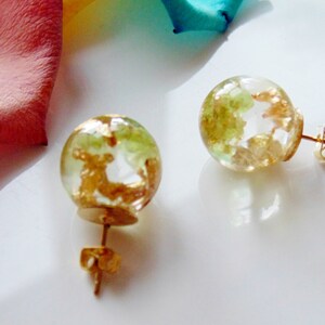 Peridot Earrings, Peridot Jewelry, Natural Peridot with Gold Flakes, Stud Orb, August Birthstone, Eco Resin, Jewelry for Women, Gift for Her image 4