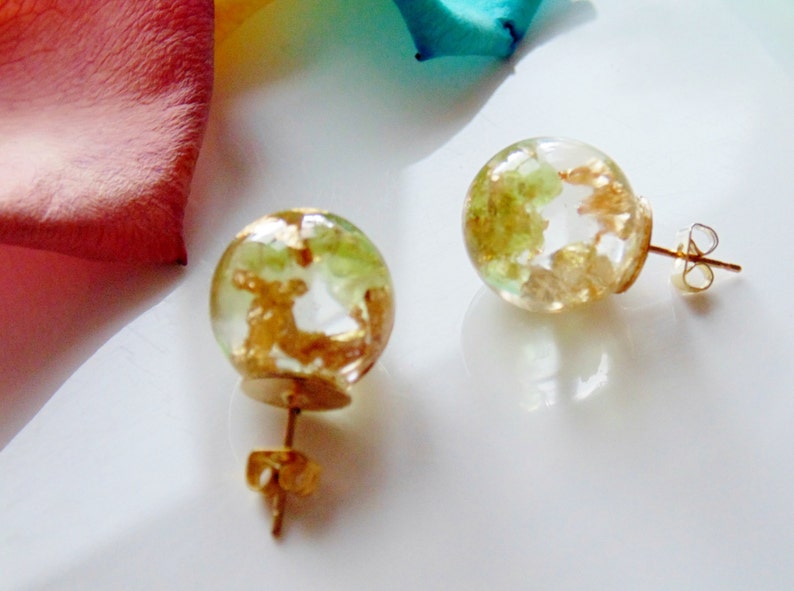 Peridot Earrings, Peridot Jewelry, Natural Peridot with Gold Flakes, Stud Orb, August Birthstone, Eco Resin, Jewelry for Women, Gift for Her image 4