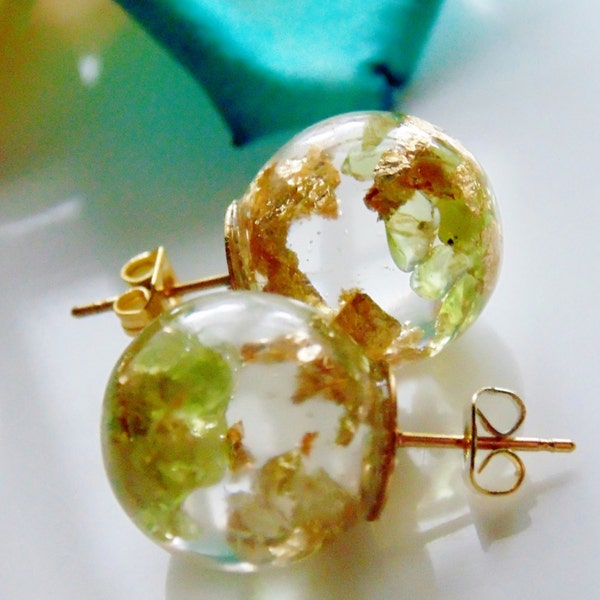 Peridot Earrings, Peridot Jewelry, Natural Peridot with Gold Flakes, Stud Orb, August Birthstone, Eco Resin, Jewelry for Women, Gift for Her