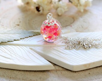 Real Flower Necklace, Birthday Gift, Cherry Blossom Necklace, Dainty Necklace, Tiny Pink Sphere, Nature Inspired Jewelry, Floral Gift