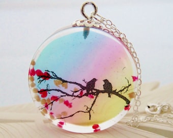 Bird Necklace, Birds on Branch Necklace, Spring Pendant, Love Birds, Gift for Her, Resin Pendant, Flower Jewelry