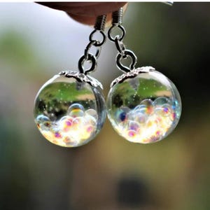 Fairy Bubble Earrings, Rainbow Resin Spheres, Sterling Silver