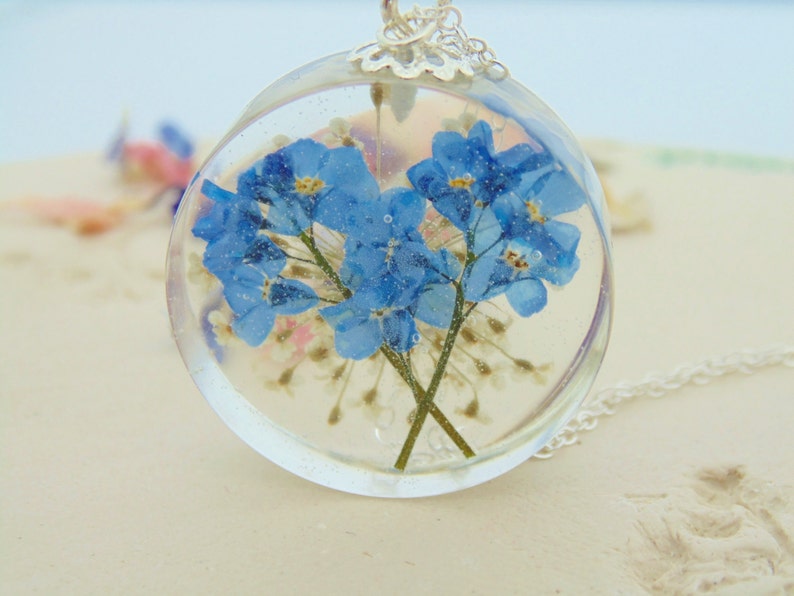 Forget me Not Collier, Fleur de dentelle, Bijoux en vraies fleurs, Cadeau botanique, Vêtement 2 voies, Pendentif Fleur sauvage, Cadeau pour elle image 1