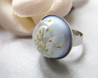 Snowflake Ring, Resin Ring, Pressed Lace Flower, Christmas Gift, Pressed Flower Jewelry, Blue Ring, Wishes on the Wind, Eco Friendly