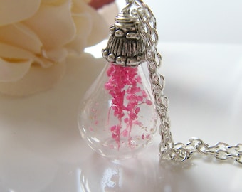 Real Flower Botanical Necklace, Handblown Glass, Teardrop Necklace, Bridesmaid Jewelry, Gift for Her, Pink Flowers Pendant