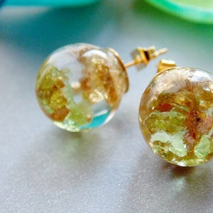 Peridot Earrings, Peridot Jewelry, Natural Peridot with Gold Flakes, Stud Orb, August Birthstone, Eco Resin, Jewelry for Women, Gift for Her image 3