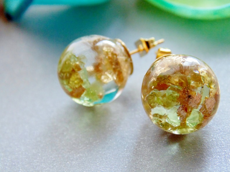 Peridot Earrings, Peridot Jewelry, Natural Peridot with Gold Flakes, Stud Orb, August Birthstone, Eco Resin, Jewelry for Women, Gift for Her image 3