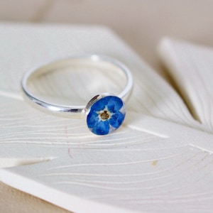 Non ti scordar di me Anello in argento sterling, gioielli con fiori veri, anello botanico, fiori pressati, gioielli del ricordo