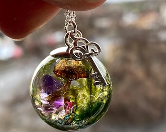 Mushroom Necklace: Amethyst Orb Pendant in Resin, Sterling Silver Key Charm
