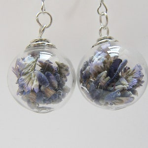 Real Lavender Earrings, Hand Blown Glass Beads, Real Flower Jewelry, Gift for Her, Wildflower Earrings