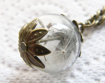 Real Dandelion Seed Necklace, Small Glass Sphere Pendant on Antique Bronze Chain, Handmade Jewellery, Gift for Girlfriend, Nature Inspired