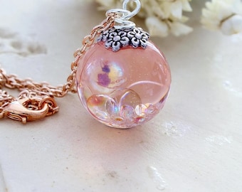 Rose Gold Fairy Necklace – Shimmering Bubble Orb – Magical Resin