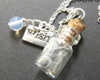 Glass Vial with Dandelion Seeds Charm Necklace - Make a Wish Pendant, Holiday Gift, Jewelry for Women