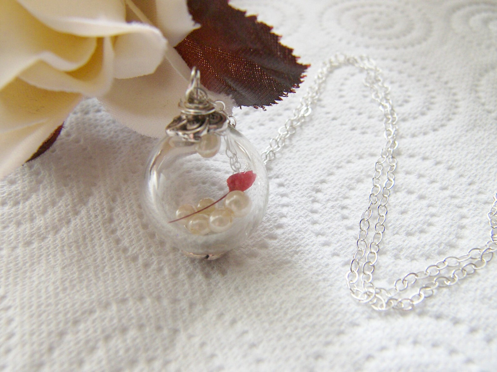 Real Flower Botanical Necklace Hand Blown Glass Globe RED Etsy