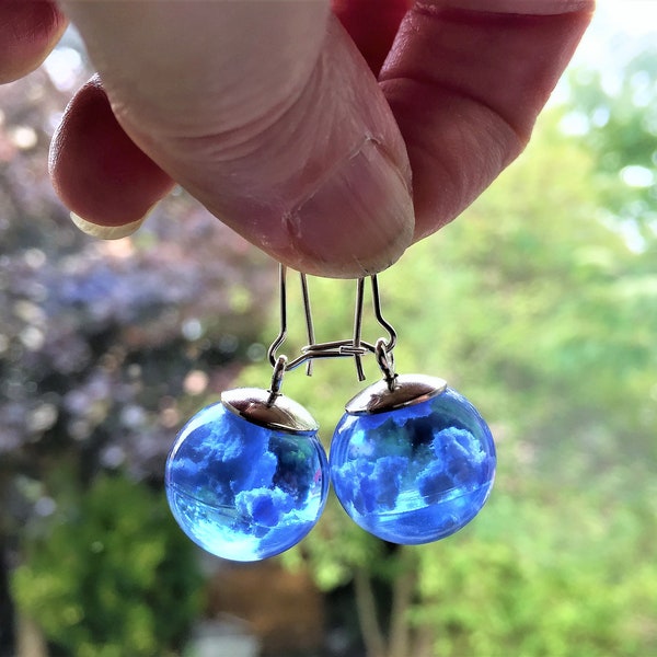 Blue Sky Cloud Resin Earrings, Fluffy White Clouds, Nature Gift for Her, Cloudy Skies