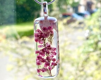 Heather Pendant, Real Flower, Botanical Necklace, Nature Jewelry, Eco Friendly, Purple Scottish Heather
