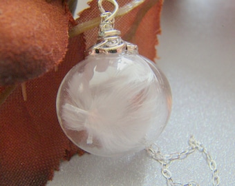 Feather Necklace in Glass Globe, Angel Pendant, Sterling Silver Chain