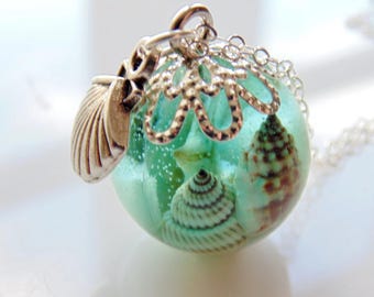 Starfish Resin Sphere Halskette, Aqua Ocean Anhänger, Sterling Silber Kette
