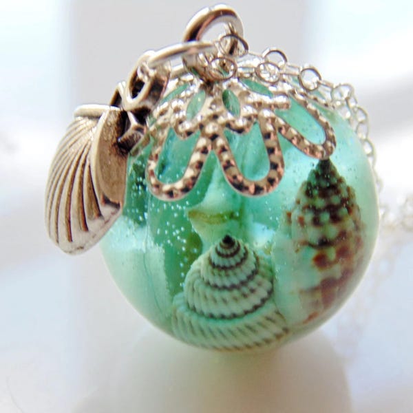 Starfish Resin Sphere Necklace, Aqua Ocean Pendant, Sterling Silver Chain